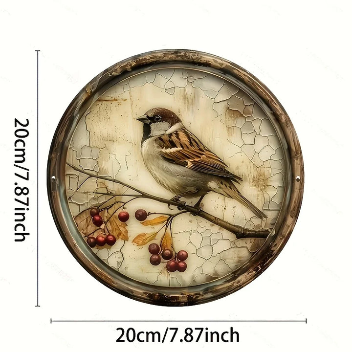 1 Nostalgic Bird and Cherry Round Wood Plate, size 8x 8 inches, 2D printed wooden mural, suitable for home, kitchen, garden