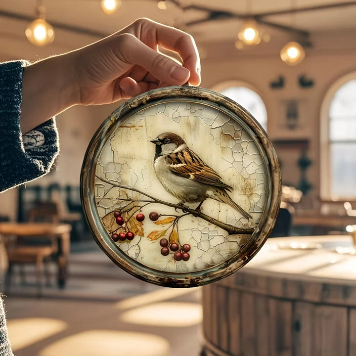 1 Nostalgic Bird and Cherry Round Wood Plate, size 8x 8 inches, 2D printed wooden mural, suitable for home, kitchen, garden