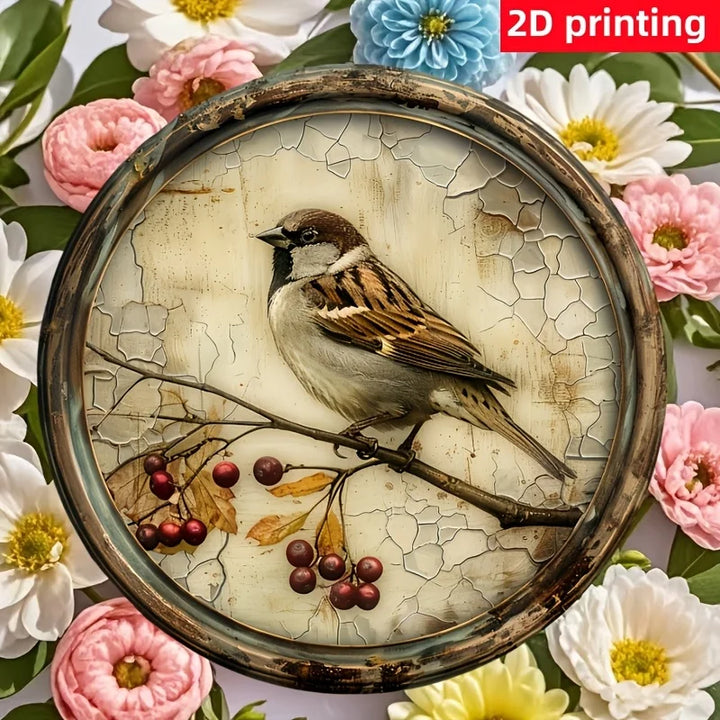 1 Nostalgic Bird and Cherry Round Wood Plate, size 8x 8 inches, 2D printed wooden mural, suitable for home, kitchen, garden