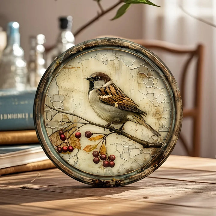 1 Nostalgic Bird and Cherry Round Wood Plate, size 8x 8 inches, 2D printed wooden mural, suitable for home, kitchen, garden