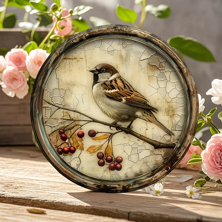 1 Nostalgic Bird and Cherry Round Wood Plate, size 8x 8 inches, 2D printed wooden mural, suitable for home, kitchen, garden
